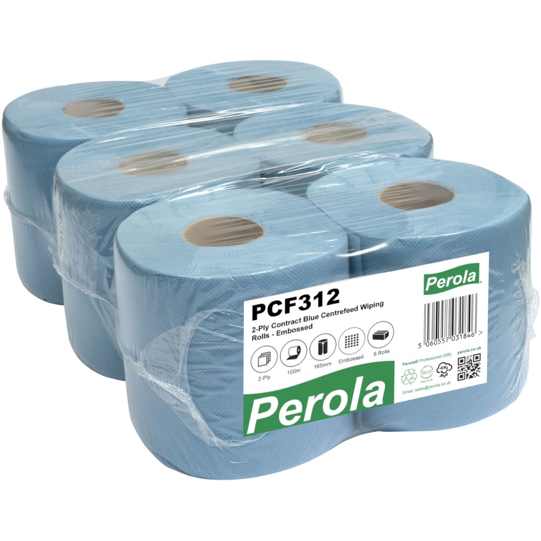 PCF312-Case.jpg Perola® WypaRol™ Contract 2-Ply Blue Centrefeed Rolls (1x6) - Image 1
