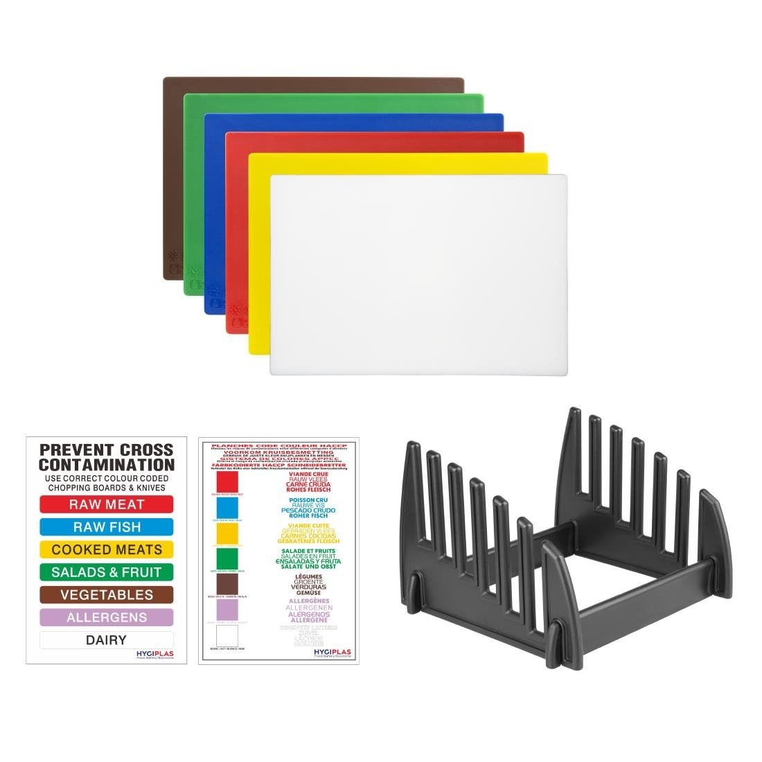 J258-NEW-1.jpg Set of 6 Large Colour Coded Chopping Boards With Plastic Rack & Wall Chart - Image 1
