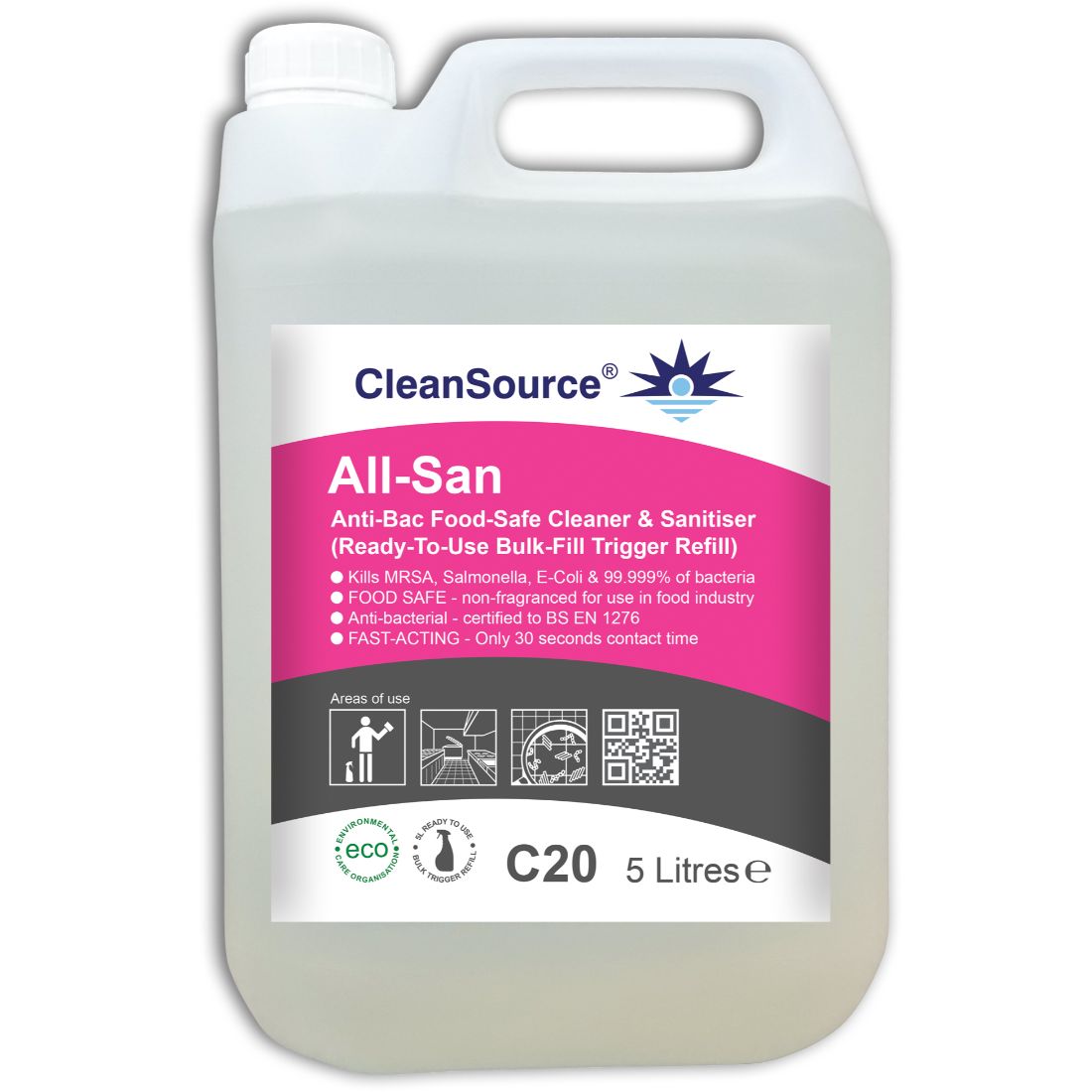 all-san_5l.jpg CleanSource® ALL-SAN Food-Safe Anti-Bac Cleaner & Sanitiser 5L RTU Refill - Image 1