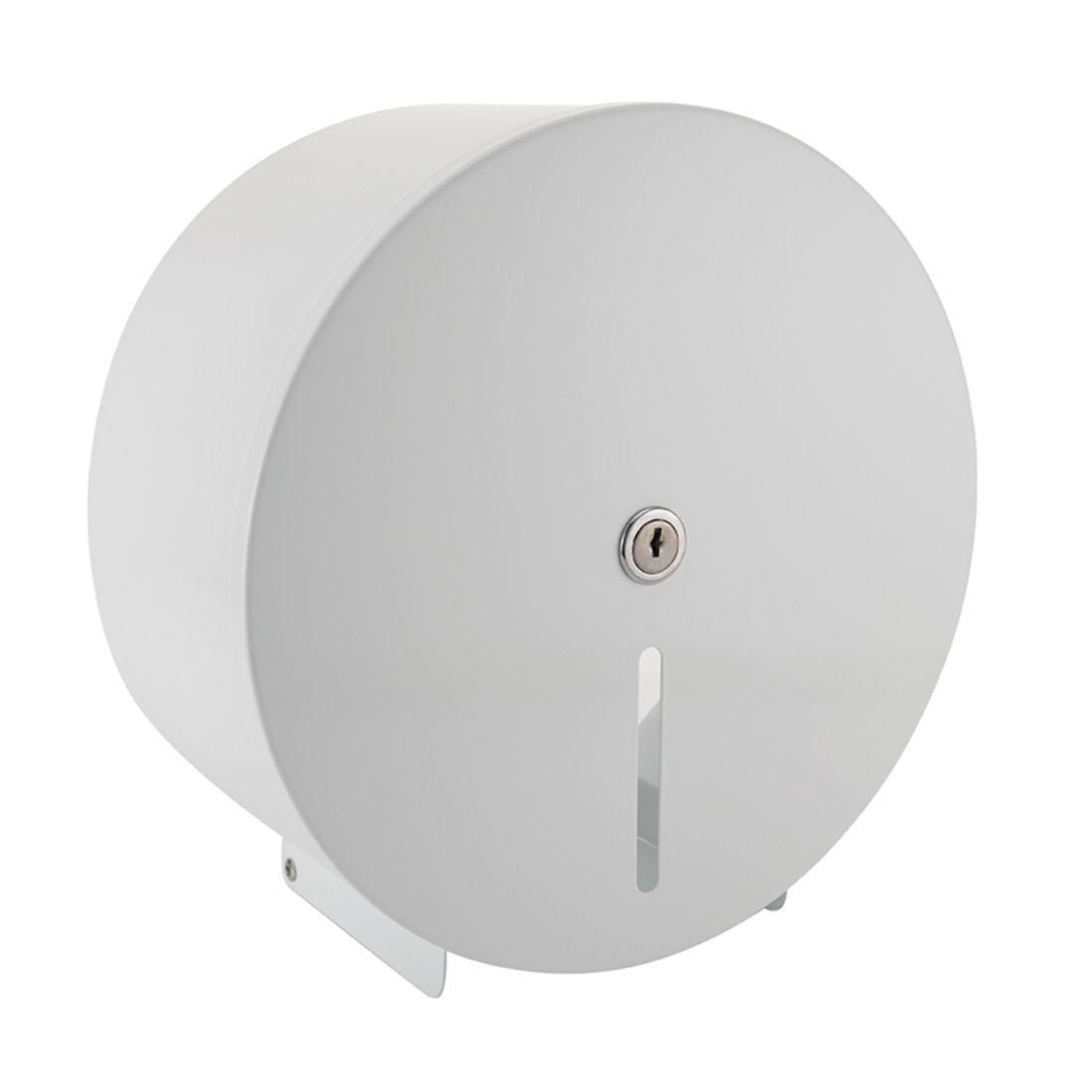 ppdh40mwh_1.jpg Perola® 10" White Metal Mini Jumbo Toilet Roll Dispenser - Image 1