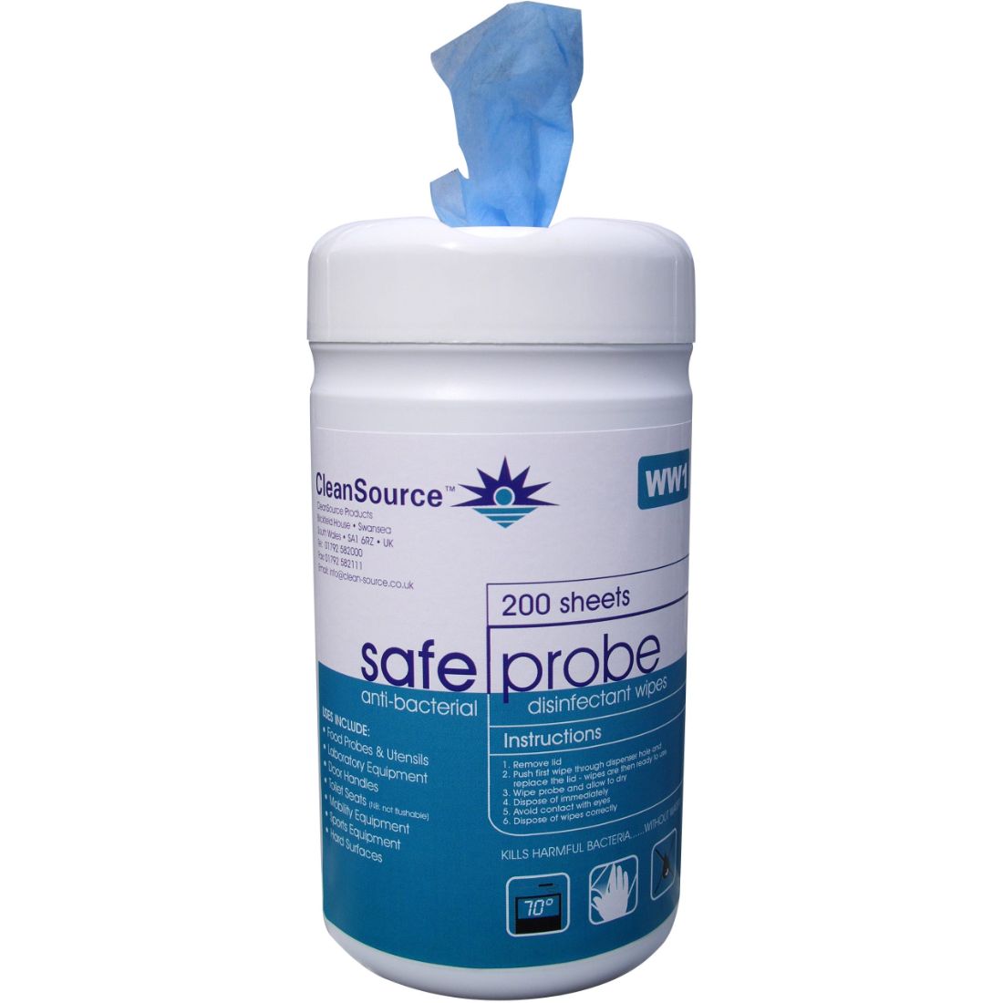 ww1.jpg CleanSource SafeProbe Small Blue Anti-Bac Probe Wipes (1x200) - Image 1